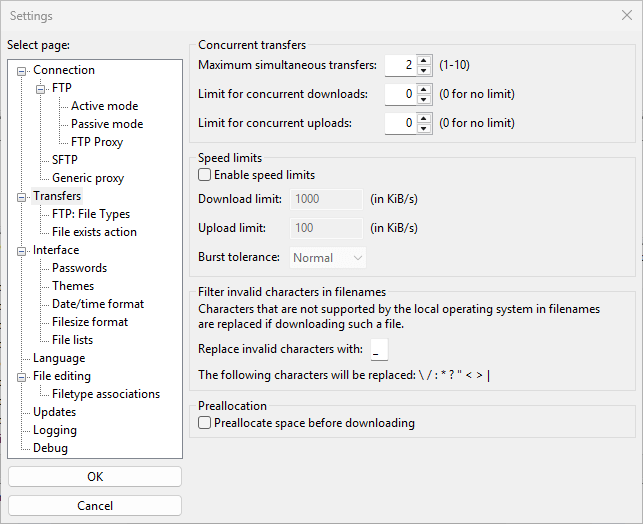 Screenshot of the Transfer options