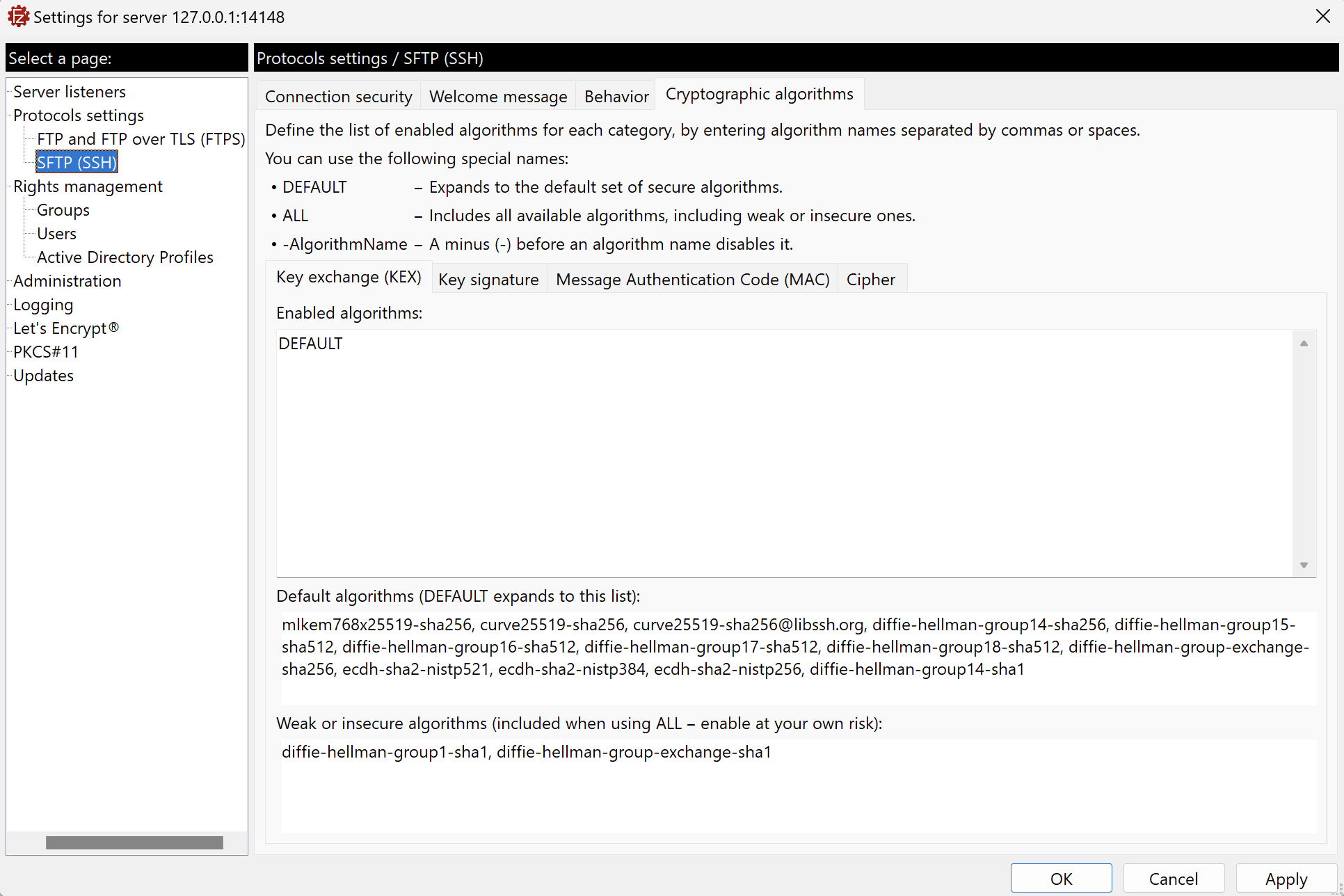 FileZilla Pro Enterprise Server cryptographic algorithm configuration screen