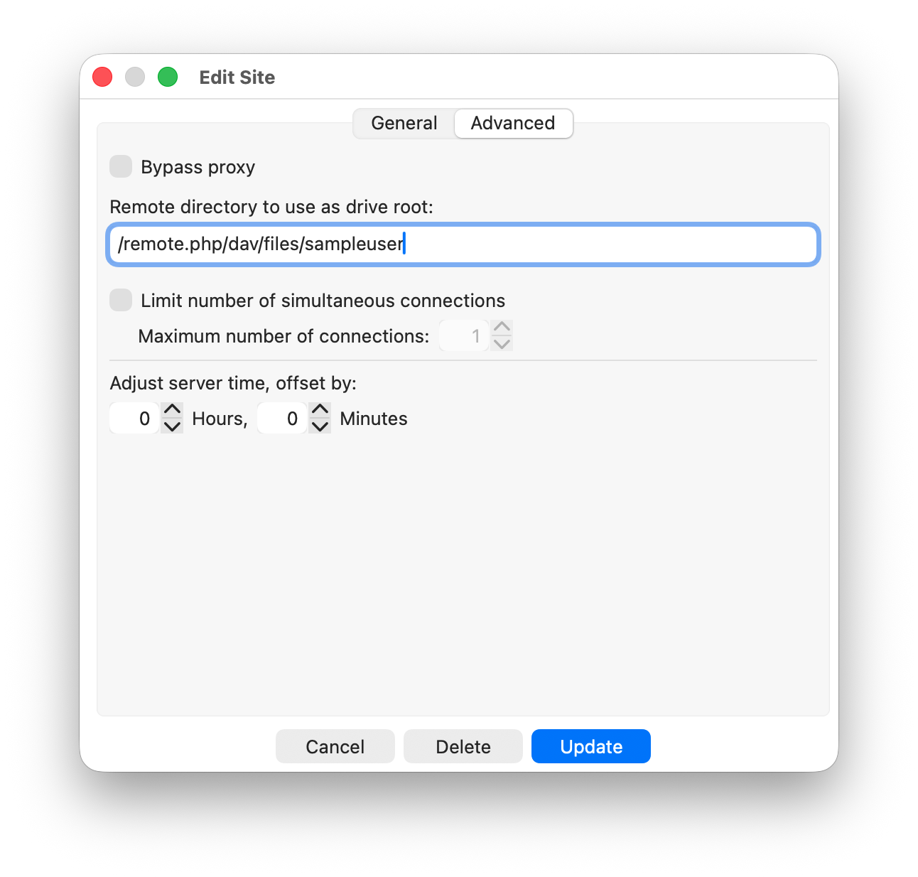 RemoteDrive Edit Site dialog — Advanced tab showing the remote directory path /remote.php/dav/files/sampleuser for a Nextcloud connection