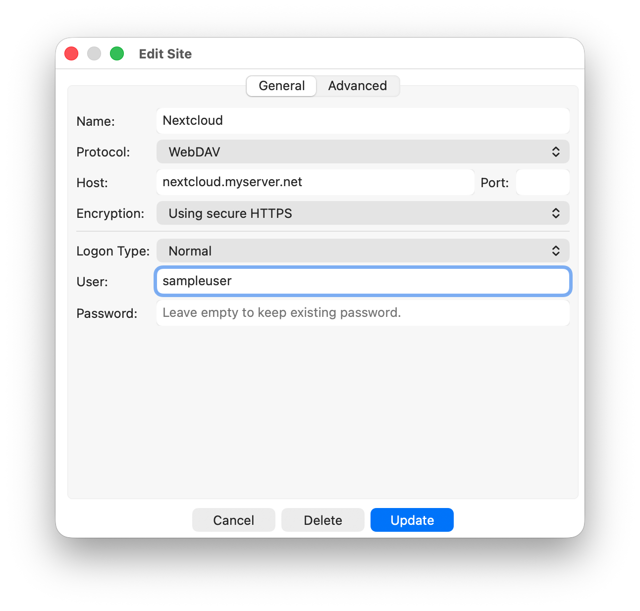 RemoteDrive Edit Site dialog — General tab showing WebDAV protocol, host, HTTPS encryption, and user credentials for a Nextcloud connection