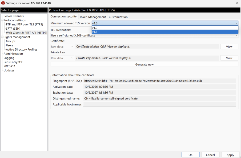 The Connection Security tab of the Web Client & REST API (HTTPS) settings, showing the minimum TLS version and the certificate options.