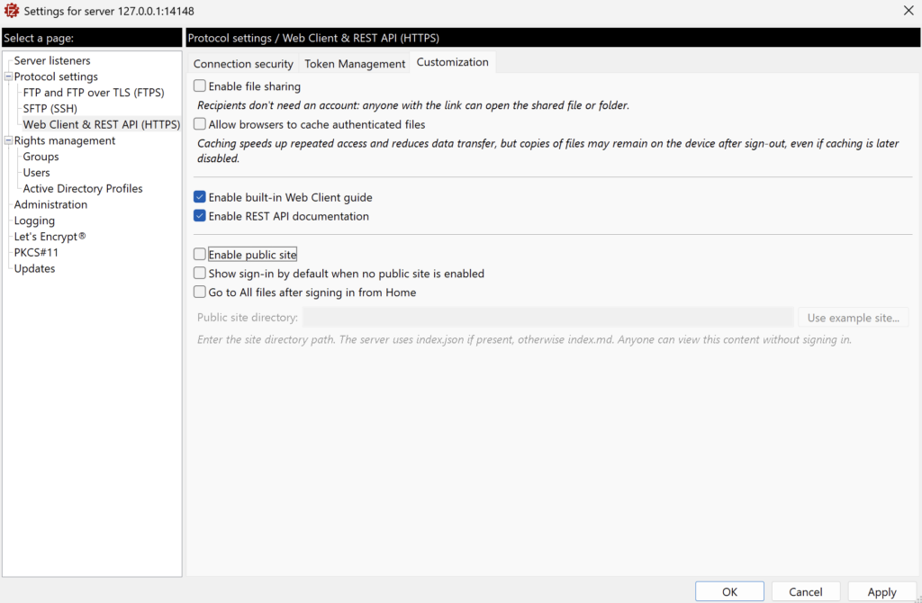 The Customization tab of the Web Client & REST API (HTTPS) settings, with the file sharing, caching, guide, API documentation and public site options.