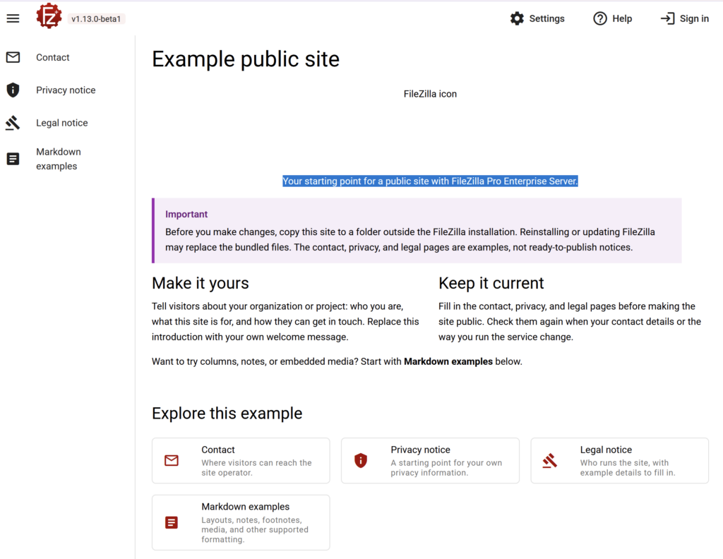 The bundled example public site, served by FileZilla Pro Enterprise Server, with its contact, privacy and legal pages.